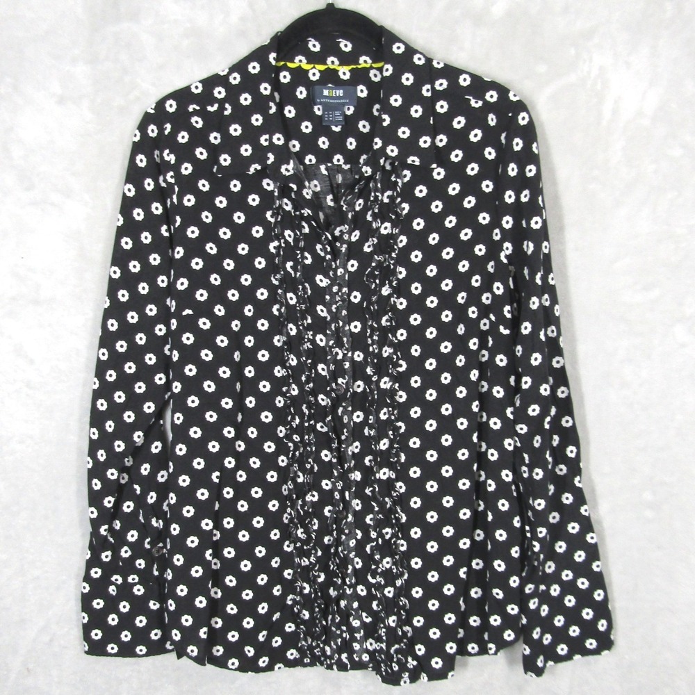 Maeve Anthropologie Button Down Shirt Womens Size 10 Black White Floral Ruffle